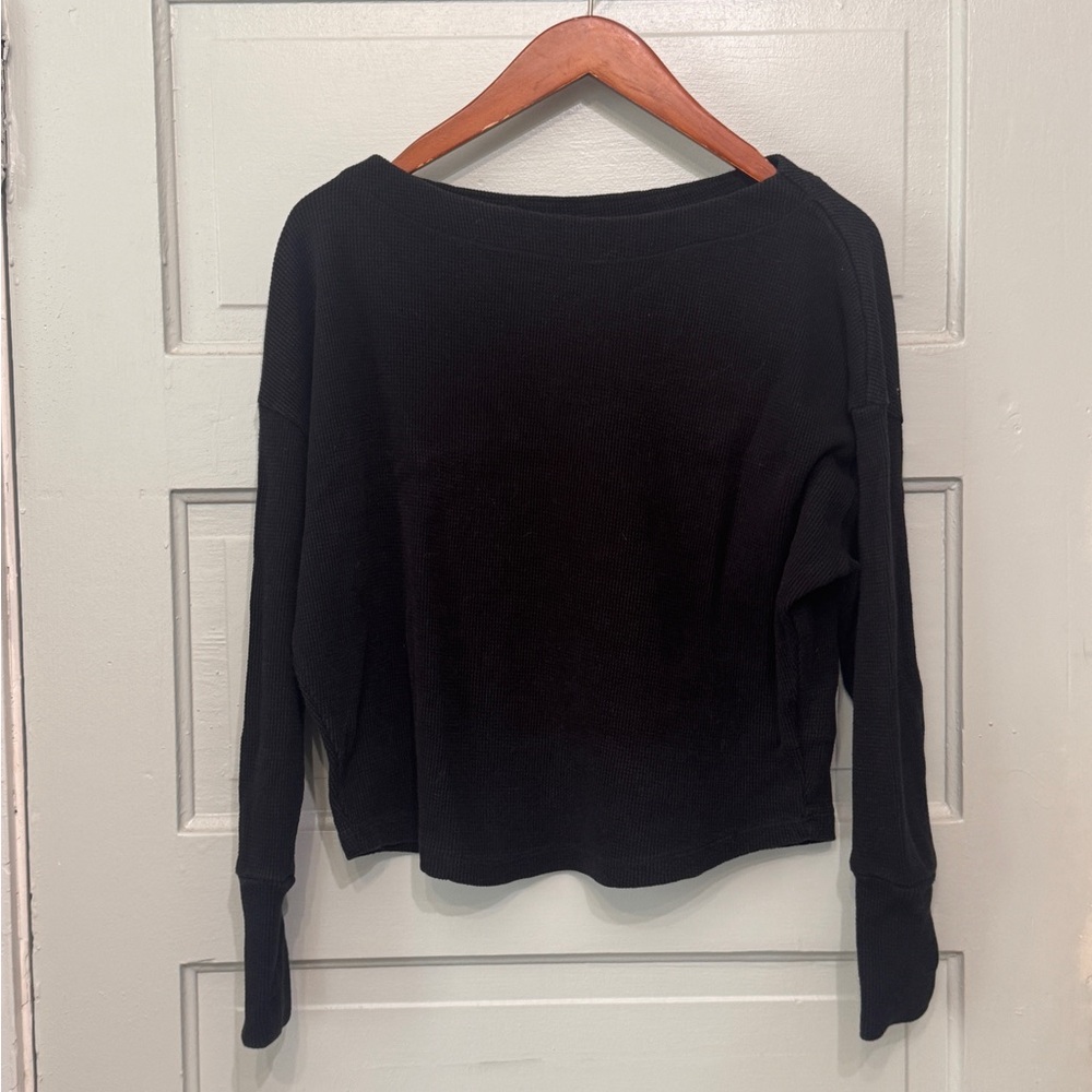 Anthropologie Women's Black Waffle Knit Long Sleeve Top